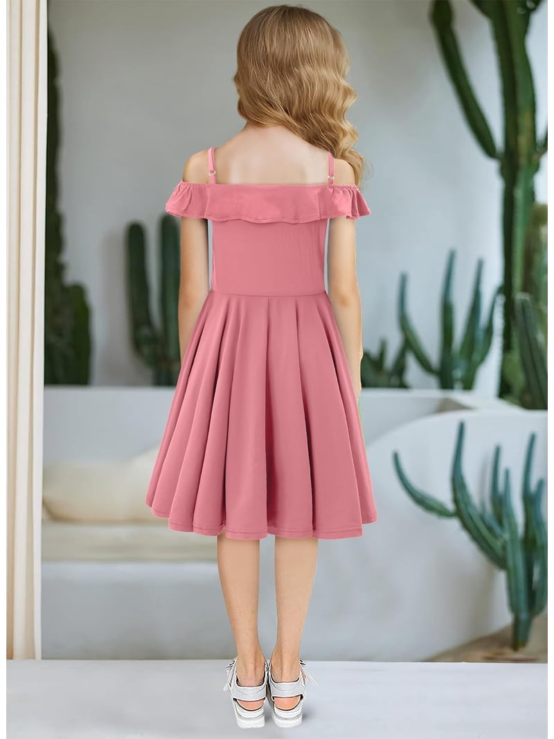 KISSMODA Girls Dress Casual Round Neck A Line Ruffle Sleeve Knee Length Dresses 4-13 Years