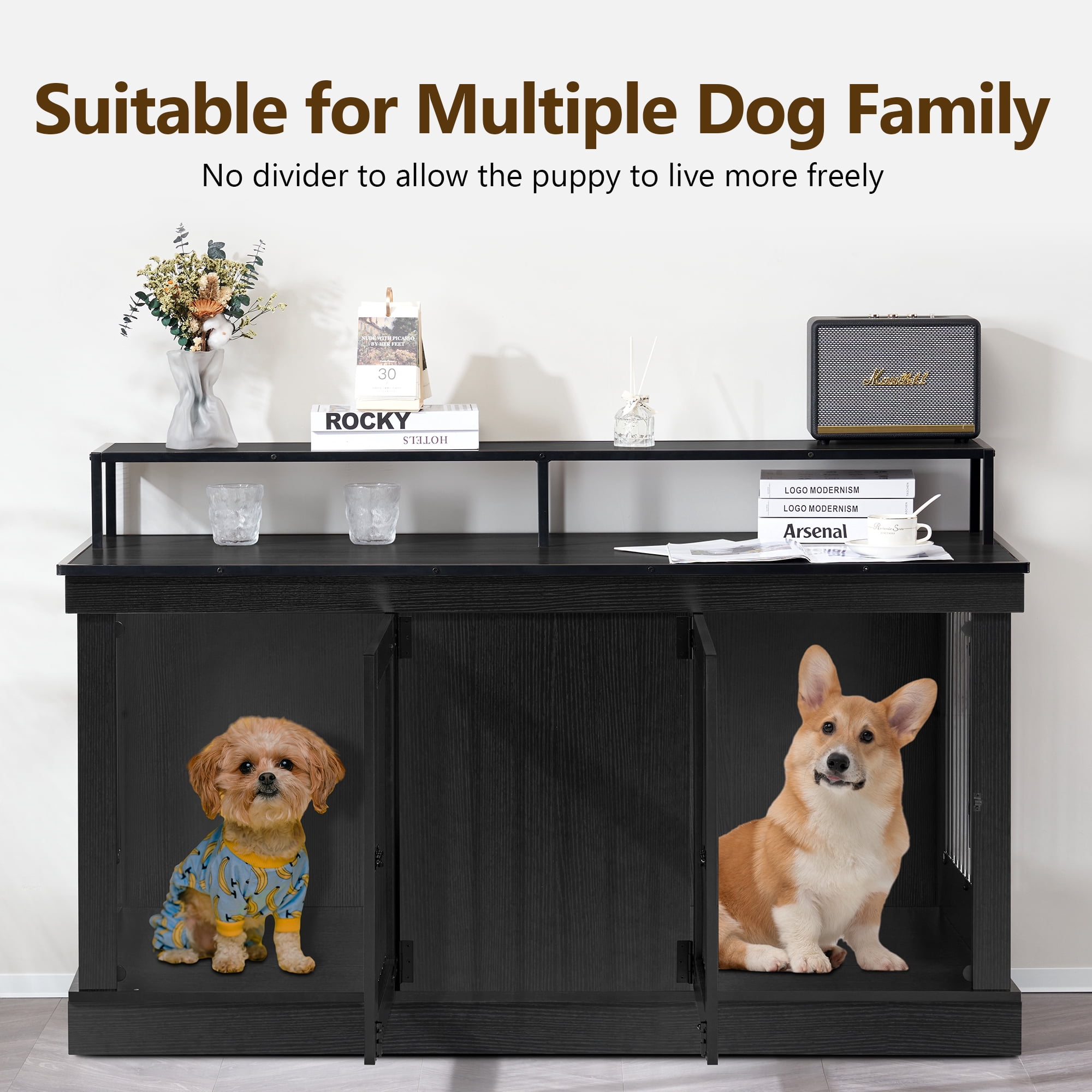MCombo 52.7‘’ 2-Door Wooden Dog Crate Furniture TV Stand 1861 (Black)