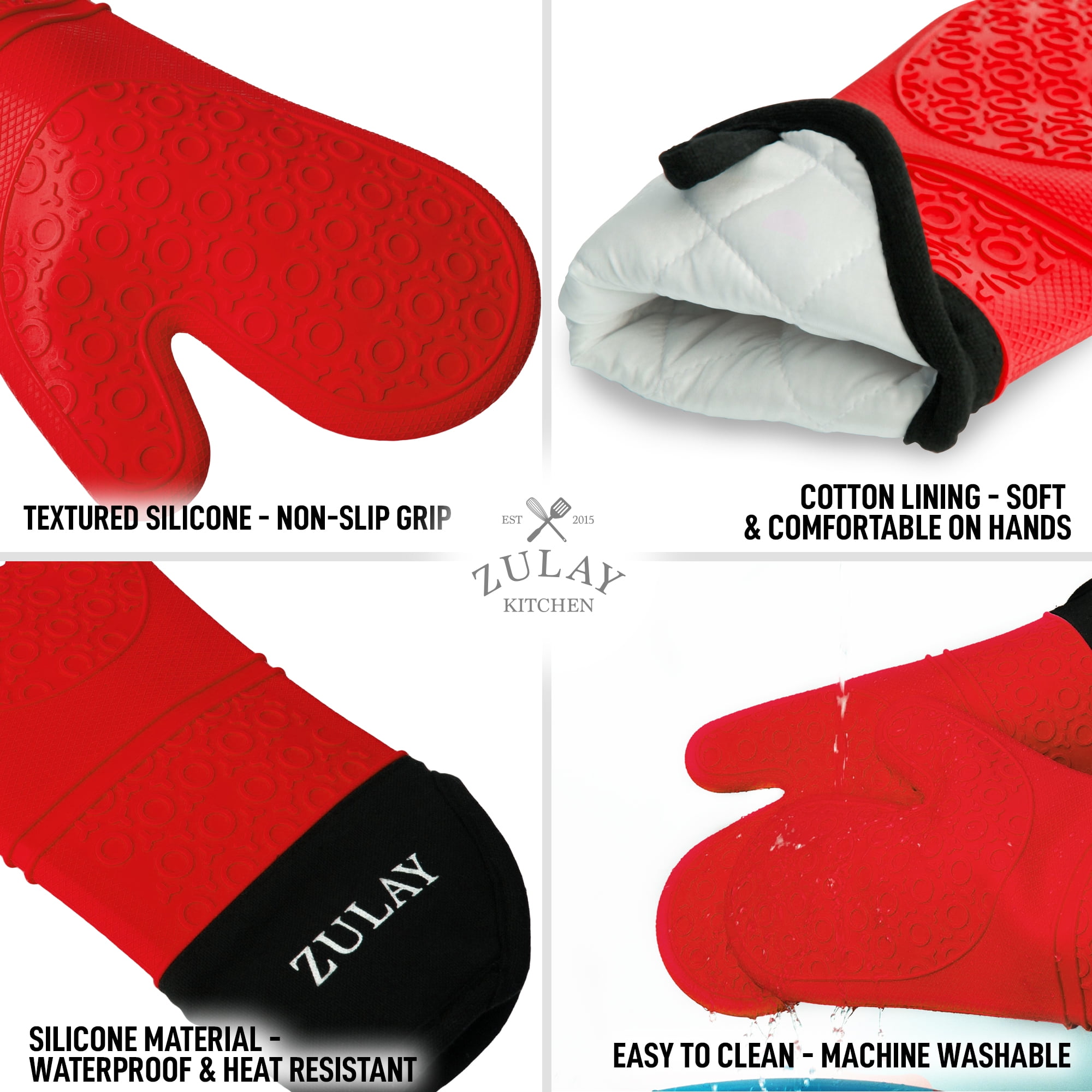 Pazash Oven Mitts Set, Heat Resistant 600F Silicone Oven Mitts, Soft Lining Good Grip Oven Mitt Set, Waterproof Mitt potholders, Oven Gloves and