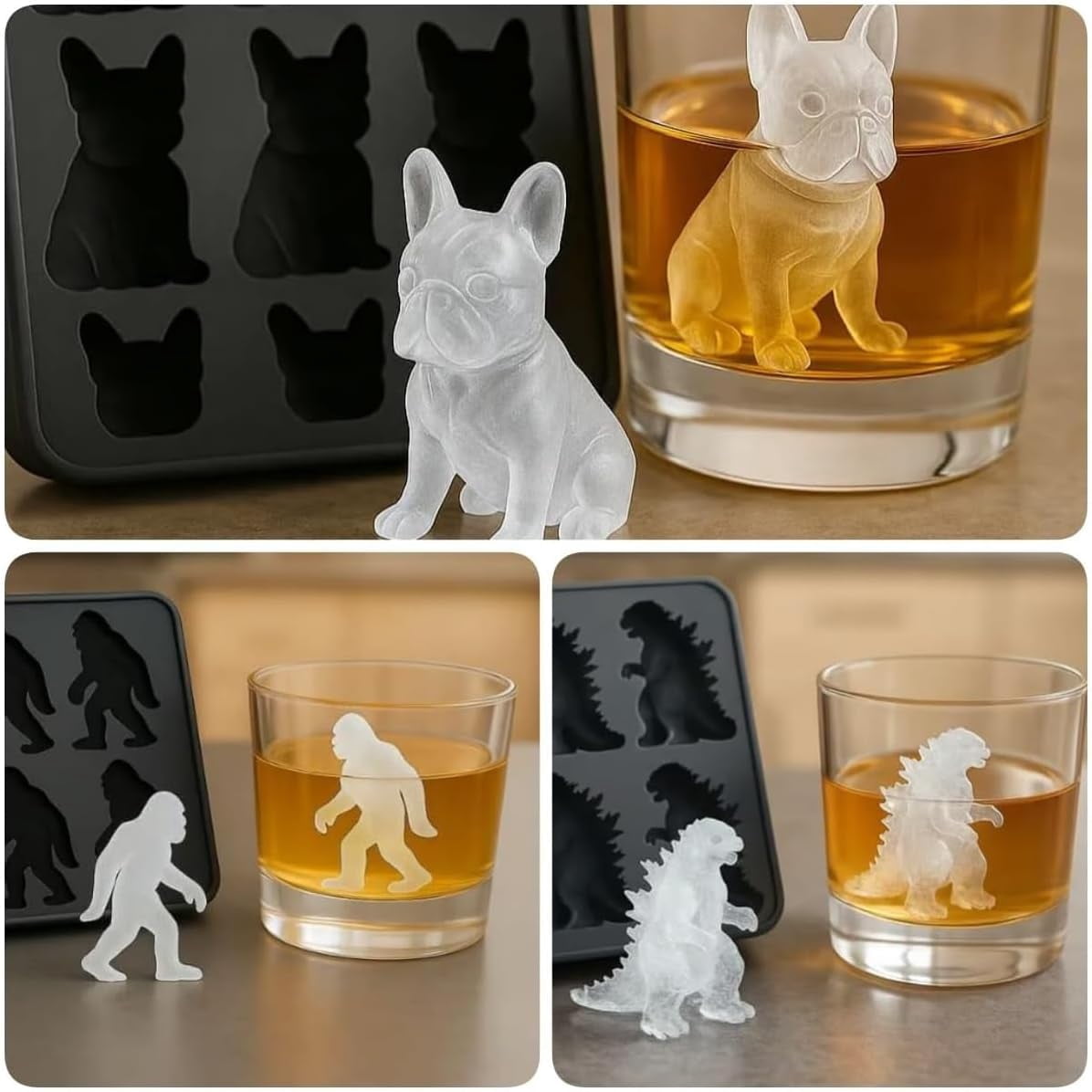 Monster Ice Mold, Fun Animal Shape Bulldog 3D Silicone Ball Maker Molds for Summer Drinks, 6 Cavity Dinosaur Ice Cube Tray for Party & Cocktail, Easy Fill & Release