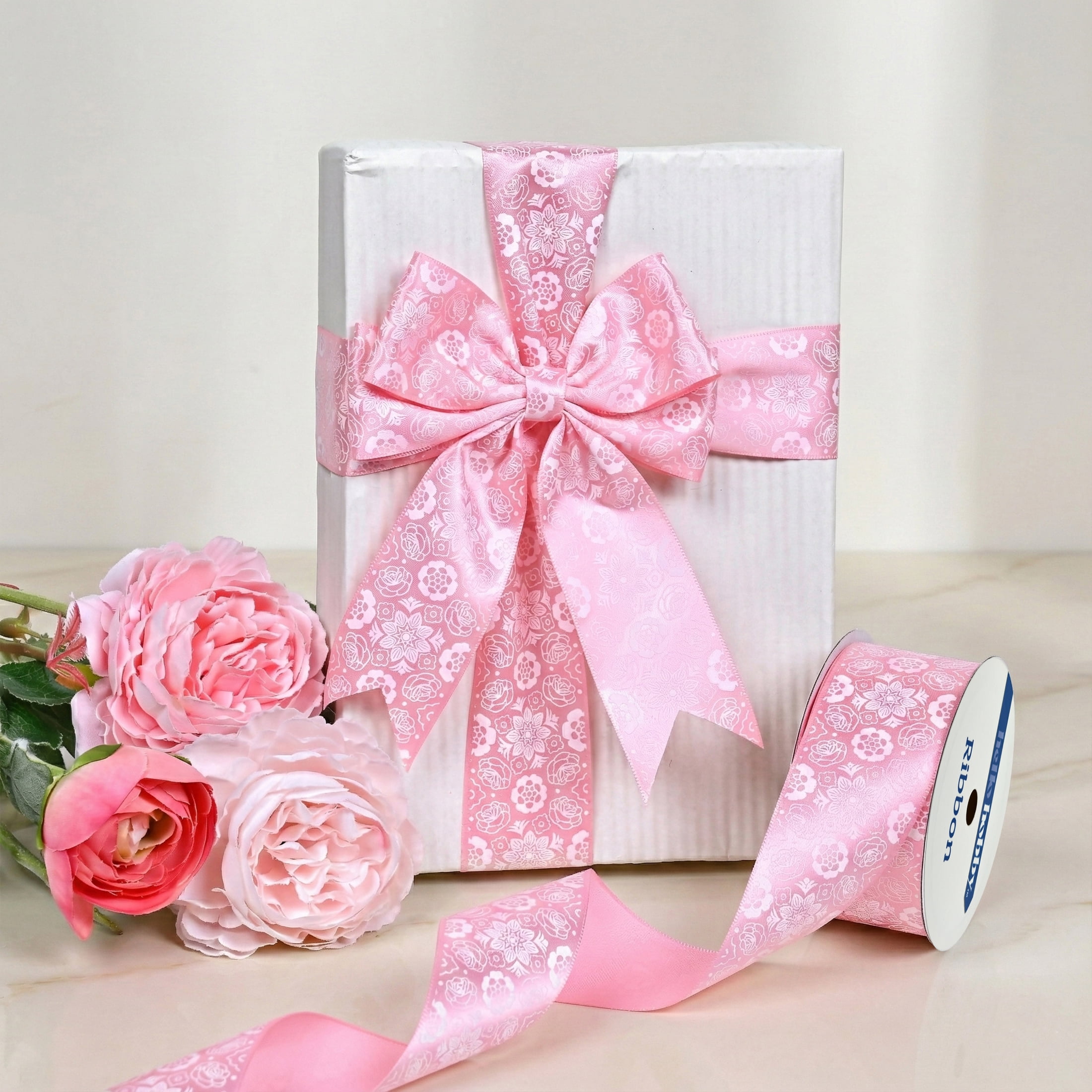 Hello Hobby 1.5" White Florals on Pink Satin Ribbon, 3 Yards