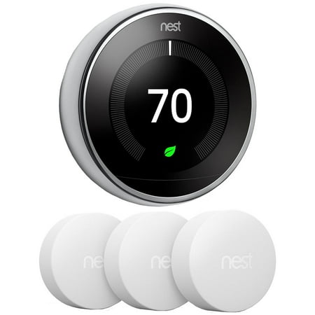 Google Nest T3019US Learning Thermostat 3rd Gen Smart Thermostat, Polished Steel Bundle with 3-Pack Google Nest Temperature Sensor