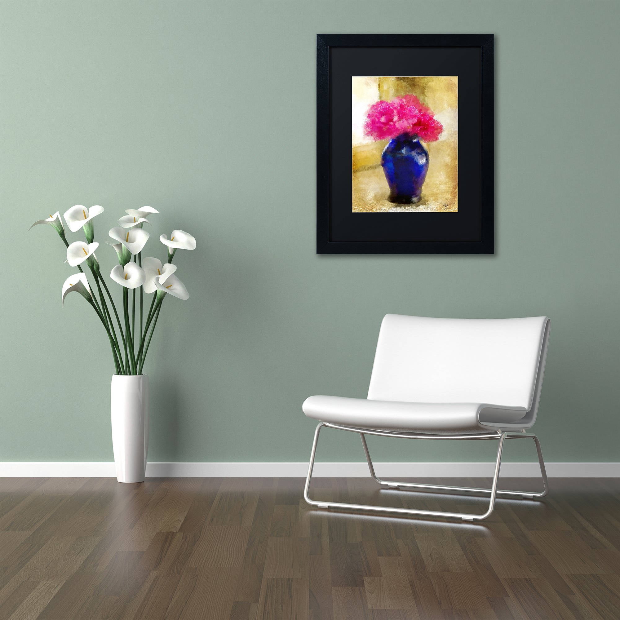 Trademark Fine Art "Pink Carnations in Cobalt Blue Vase" Canvas Art by Lois Bryan Black Matte, Black Frame