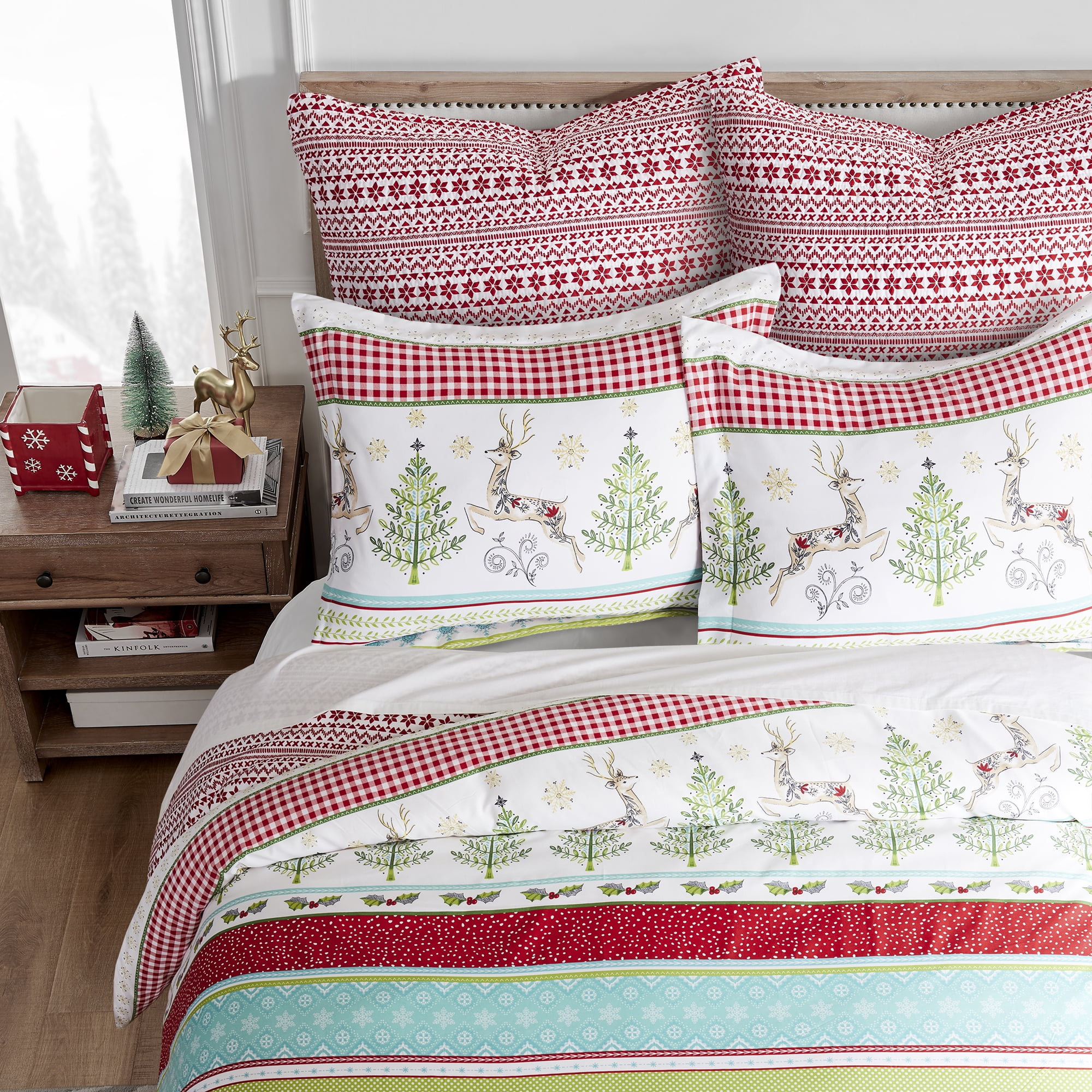 Merry & Bright by Levtex Home - Comet and Cupid Duvet Cover Set - Full/Queen Duvet Cover + Two Standard Pillow Cases - Holiday Deer and Christmas Trees