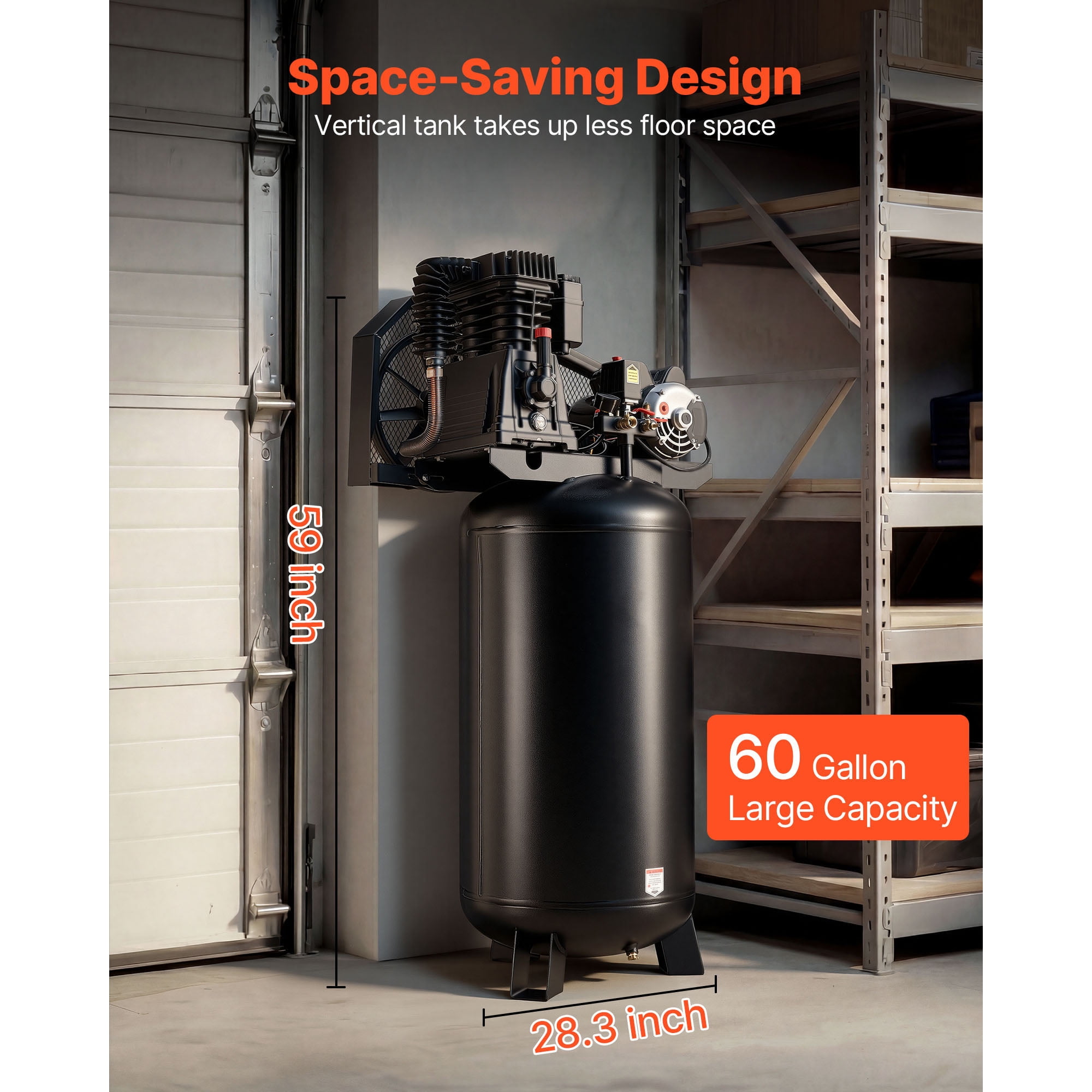 KFFKFF 60-Gallon Heavy-Duty Air Compressor, 5HP, 12 SCFM at 90 PSI, Max 145 PSI Pressure, Oil-Lubricated Tank for Industrial Use and Large Workshops (230V, No Plug)