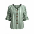 thumbnail image 5 of TGSLY Striped Tops for Women Trendy Casual Notched V Neck 3/4 Ruffle Sleeve Blouses Relaxed Fit Dressy Decorative Buttons Shirts XL, 5 of 6