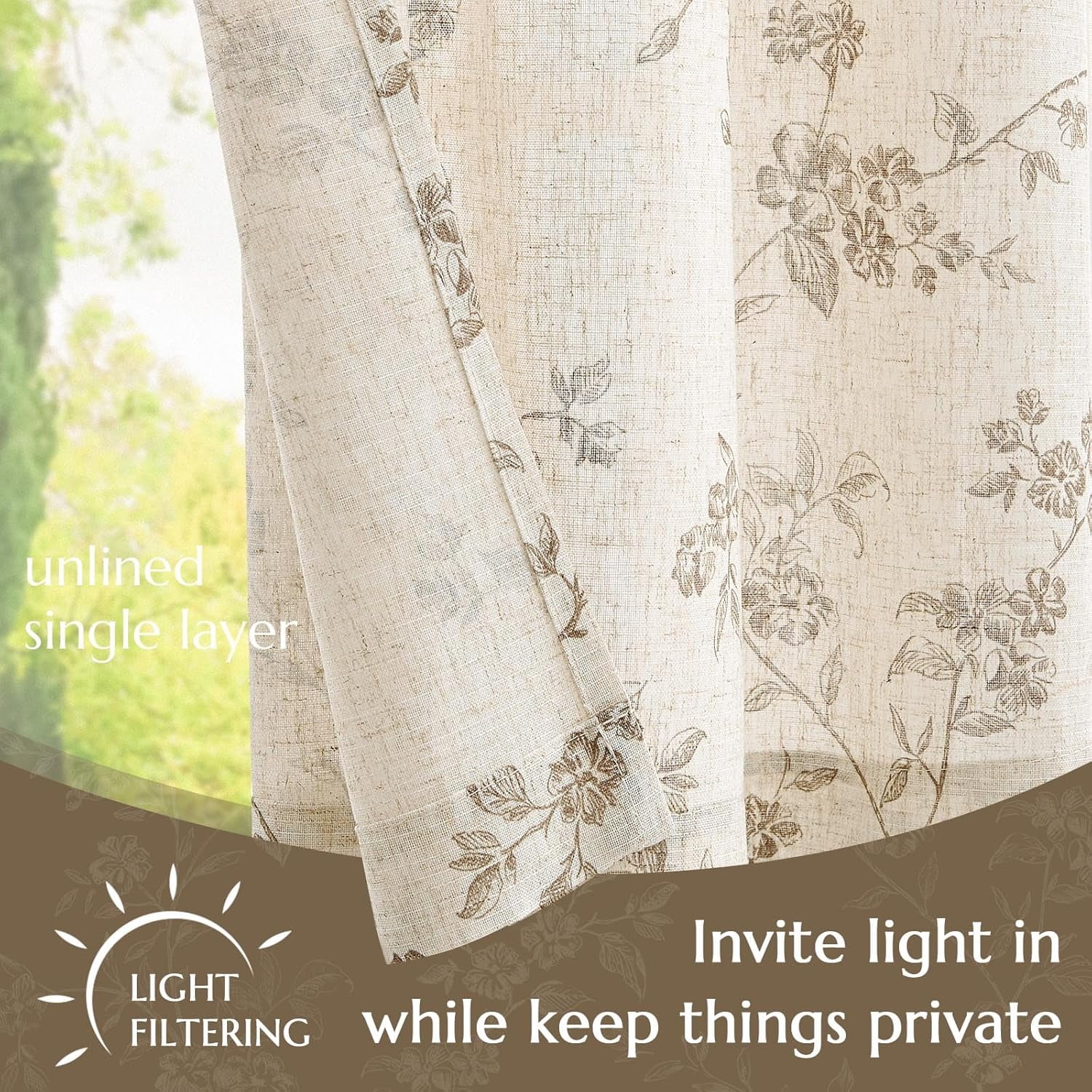 Floral Kitchen Curtains Linen Tier Curtains Farmhouse Cafe Half Window Drapes Over Sink Light Filtering for Living Room Laundry RV Rod Pocket Panels Taupe on Beige