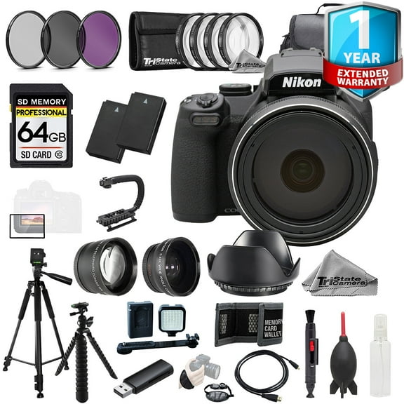 Nikon COOLPIX P1100 Digital Camera  64GB  Ext Bat  9 PC Filter 1Yr Warranty-MEGA Kit