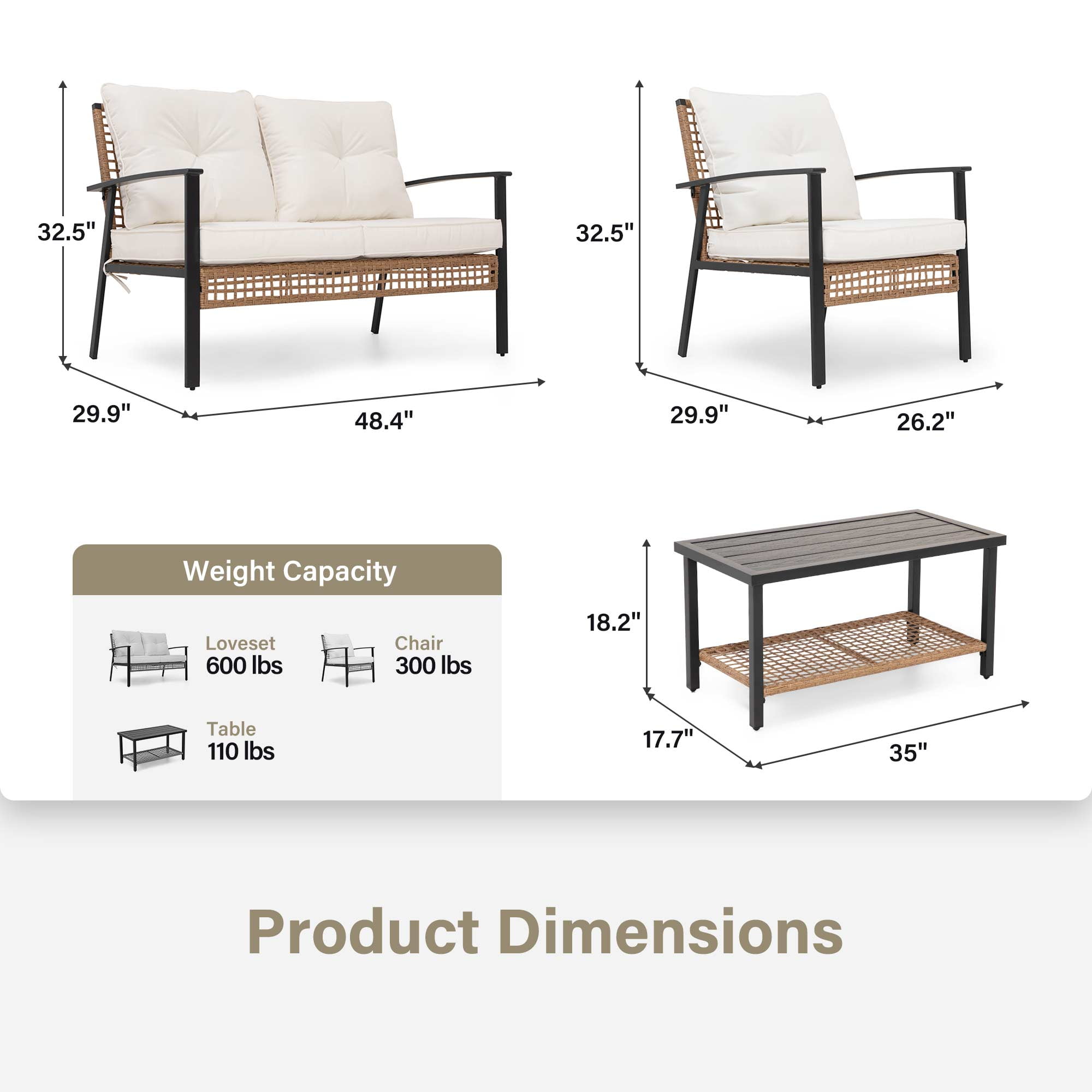 LAUSAINT HOME 4-Piece Outdoor Patio Conversation Set, All-Weather PE Rattan Furniture with Loveseat, 2 Chairs and Table for Backyard, Porch, Garden and Poolside, Beige