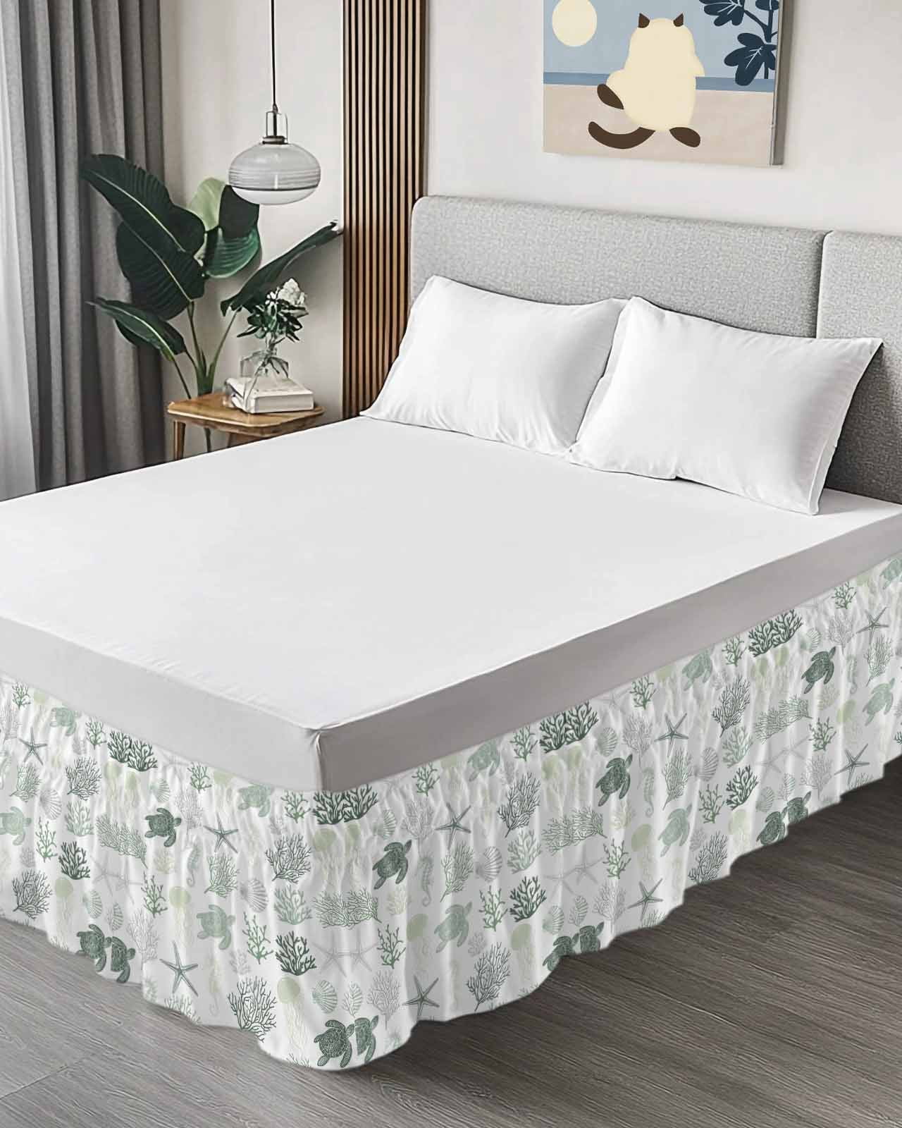 Sage Green Coastal Bed Skirt Queen Size, Nautical Summer Beach Coral Sea Turtle Wrap Around Bed Skirting with Adjustable Elastic Strap, Dust Ruffle Pleated Bedskirts 16 Inch Drop for Bedroom Beds