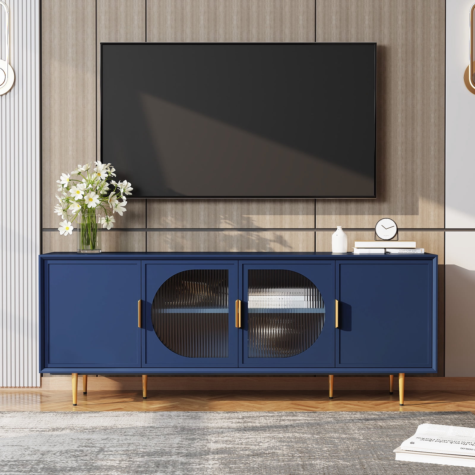 CBJCBJ 66" TV up to 75" Stand for Living Room, Entertainment Center with Glass Storage Cabinet