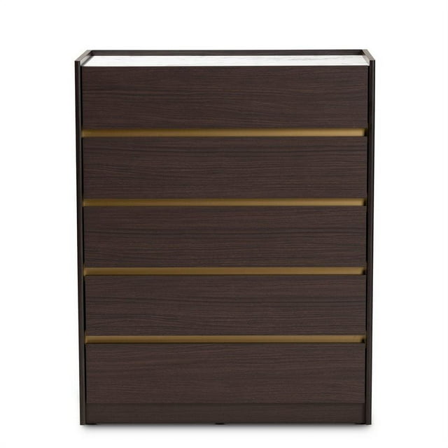 Bowery Hill Commode 5 Tiroirs en Bois Finition Brun Foncé et Or