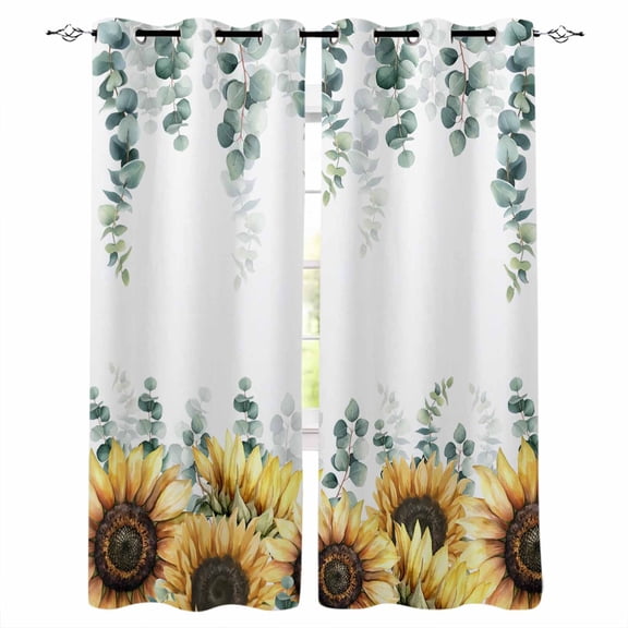 Sunflower Eucalyptus Blackout Curtains for Bedroom, Farmhouse Weeping Botanical Thermal Insulated Kitchen Drapes with Grommets, Light Blocking Window Treatment, 2 Panels 27.5" x 39"