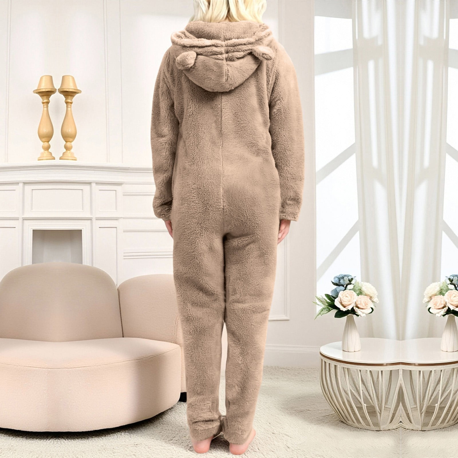 Cadancy Adult Onesies Pajamas for Women Zip Up Long Sleeve Loose Fleece Jumpsuit Cute Bear Hooded Fuzzy Sherpa Winter Warm Rompers with Pockets