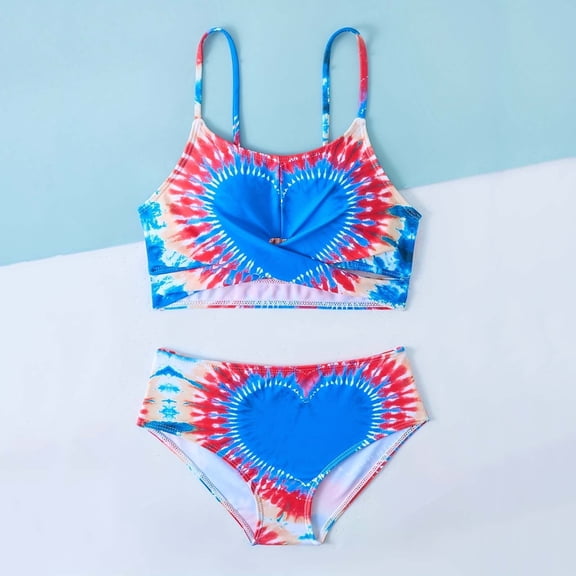 Girls Tie Dye Swimsuits Adjustable Straps High Waisted Bikini Set Cute Heart 2 Piece Bathing Suits Swimwear Blue 9-10 Years