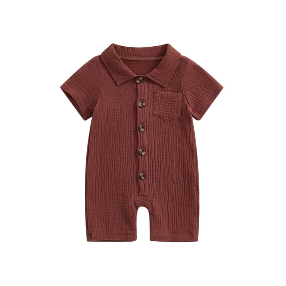 BemeyourBBs Newborn Baby Boy Girl Summer Clothes Infant Baby Boys Cotton Linen Outfit One Piece Romper Solid Color Lapel Short Sleeve Button Down Jumpsuit Shorts
