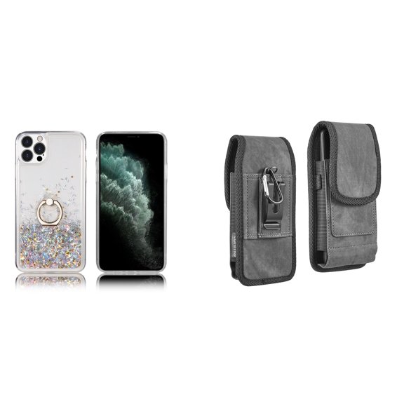 Waterfall Liquid Glitter Stand Case and Belt Holster Pouch for iPhone 14 Pro - Silver
