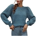 thumbnail image 2 of ICHUANYI Liquidación Mujeres Moda Casual Linterna Manga Color Sólido Jersey Tejer Manga Larga Cuello Redondo Tops ICHUANYI WER202308230136, 2 of 7