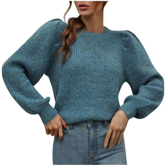 Pullover Sweaters for Women Puff Sleeve Pullover Sweater Round Neck Soft Sweater Slim Fit Solid Color Knitted Jumper clearance sweaters women