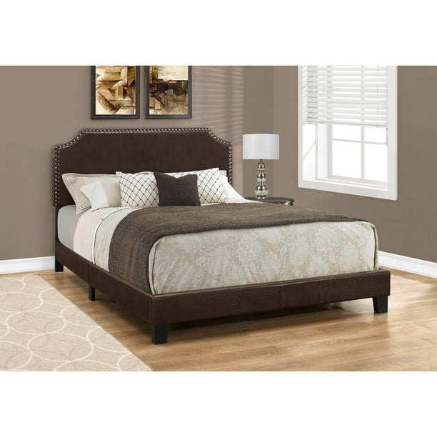 BED QUEEN SIZE/DARK BROWN LEATHERLOOK WITH BRASS TRIM