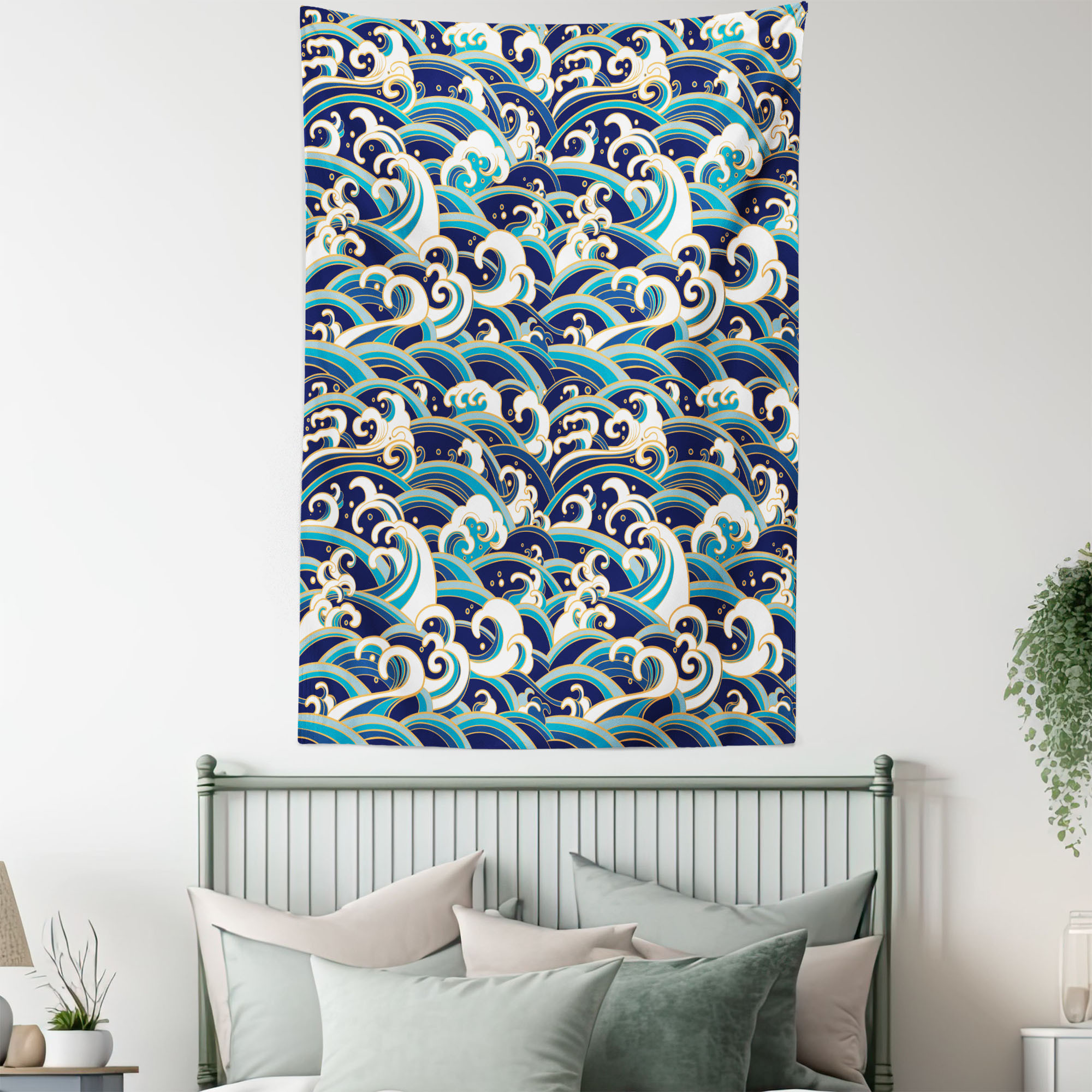 Nautical Tapestry, Traditional Oriental Style Ocean Waves Pattern with Foam and Splashes Print, Wall Hanging for Bedroom Living Room Dorm Decor, 40W X 60L Inches, Blue and White, by Ambesonne - image 4 of 5