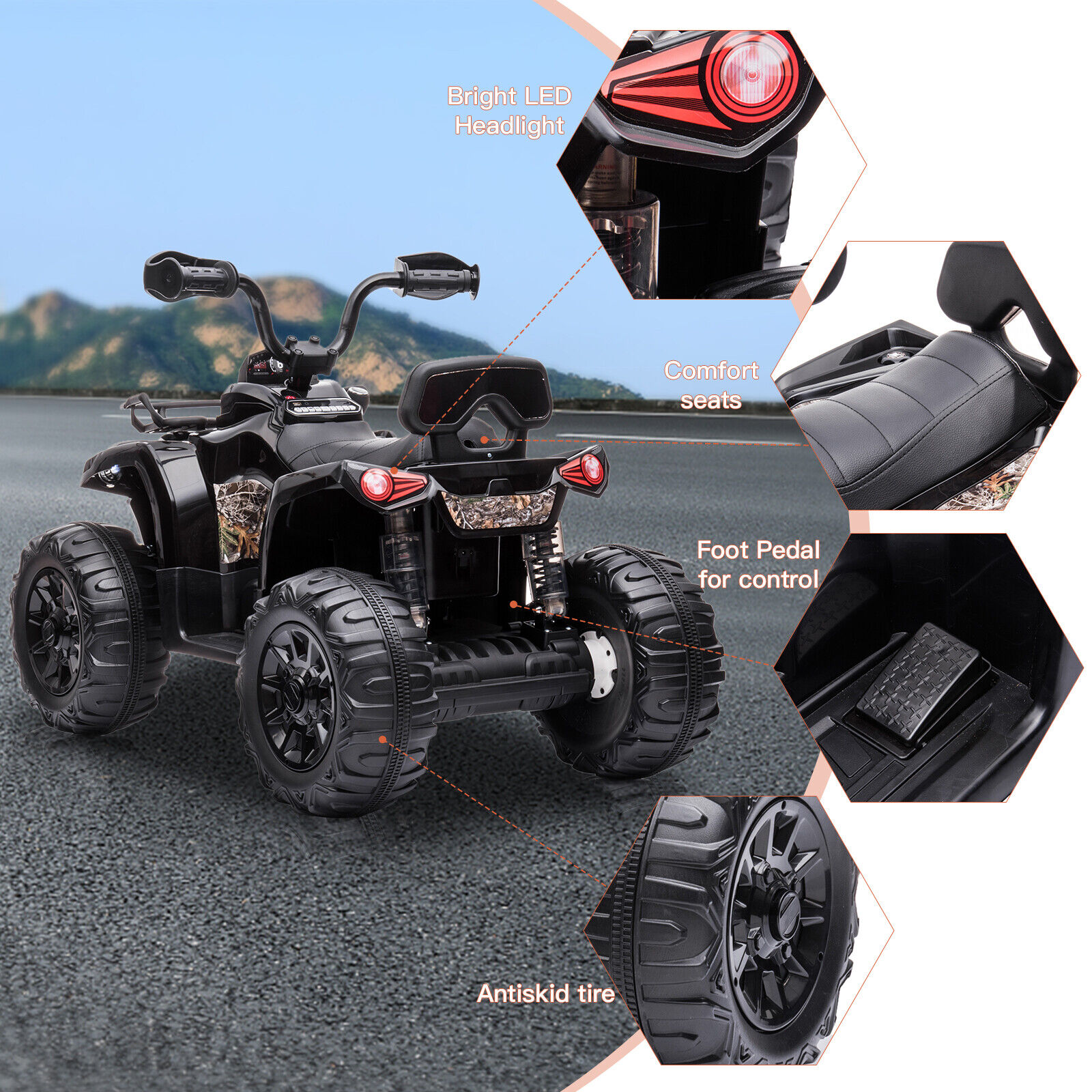 Lohoms 12V 4-Wheeler Kids Ride On Car ATV, Electric 12V Rechargeable Battery Powered Kid's Quad Car Toys, With LED Lights Music USB, 2 Speed, Black
