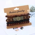 thumbnail image 5 of Pulseras de cuero hechas a mano para hombre (paquete de 4) con bolas de madera y piedra marrón., 5 of 5