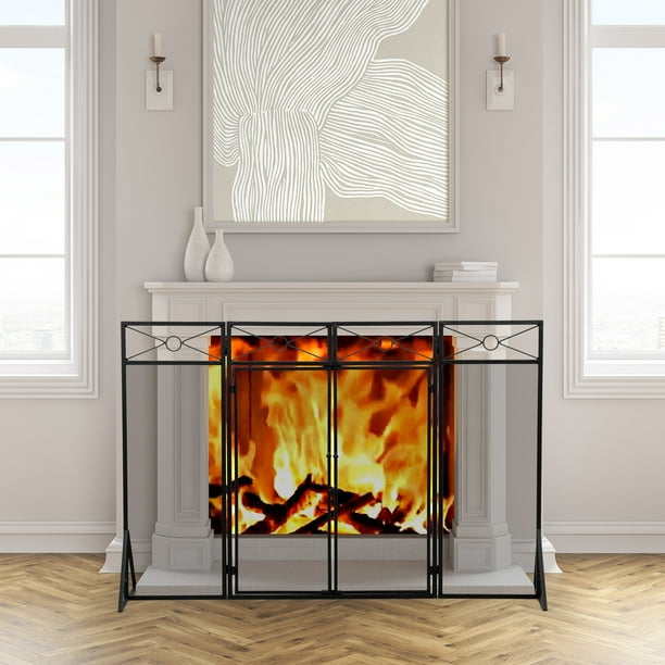 4 Panel Folding Fireplace Screen with Doors Large Flat Guard Fire