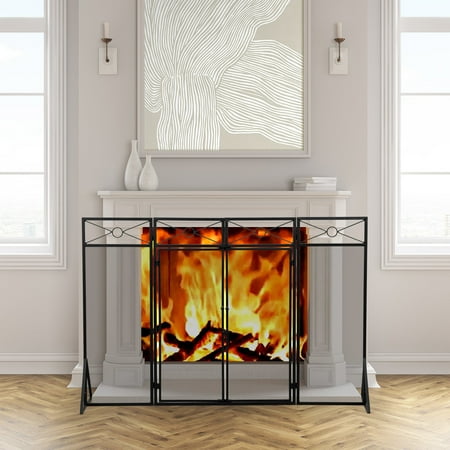 

4-Panel Fireplace Screen with 4 Tools and 2 Doors; Heavy Duty Metal Fire Spark Guard; Folding Fireplace Fence; Black Black