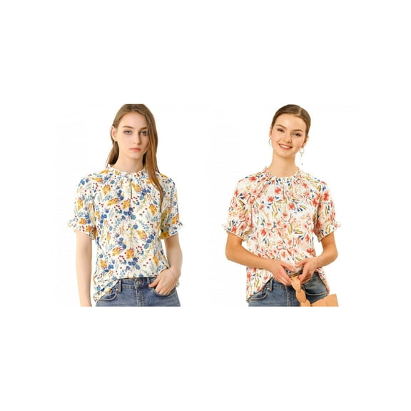 NOMADIC NOOK Women's 2 Packs Floral Ruffled Short Sleeve Ruffle Neck Casual Blouses