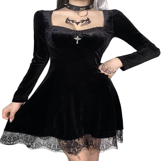 OUSITAID Robe Mini Gothique Vintage pour Femmes Élégante Taille Haute Croisée Manches Longues Automne Punk m