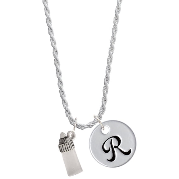 Delight Jewelry Silvertone 3-D Clear Frosted Baby Bottle Silvertone Script Initial Disc - R - Charm Necklace, 20"+3"