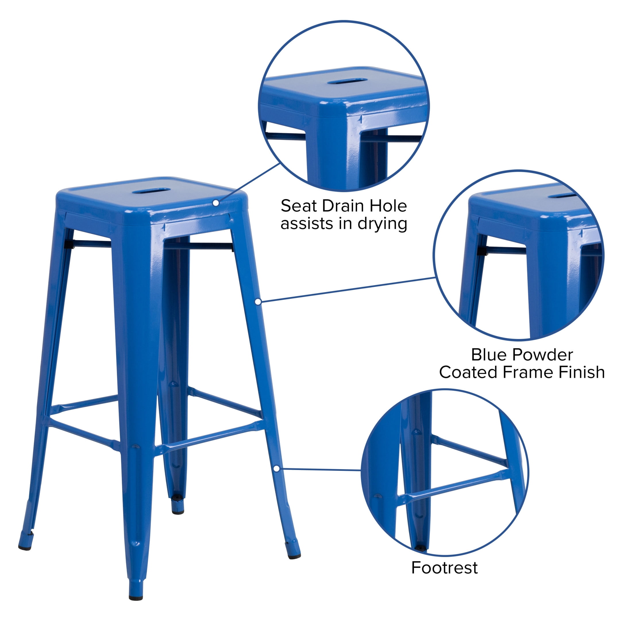 Merrick Lane Blue 30" High Backless Metal Bar Height Stool with Square Seat for Indoor-Outdoor Use