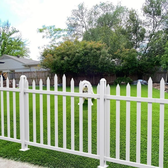E&K 36"H x 84"W Vinyl White Picket Fence Panels Decorative Fencing for Front Porch Yard Garden Pool (34 Pickets, Scallop)