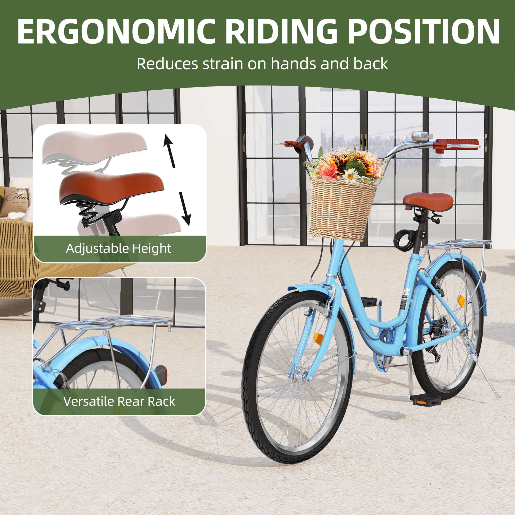 Uforic 26" Beach Cruiser Bike for Women, 7-Speed Adjustable Seat Bike Bicycle for Adult City Commuter, Blue