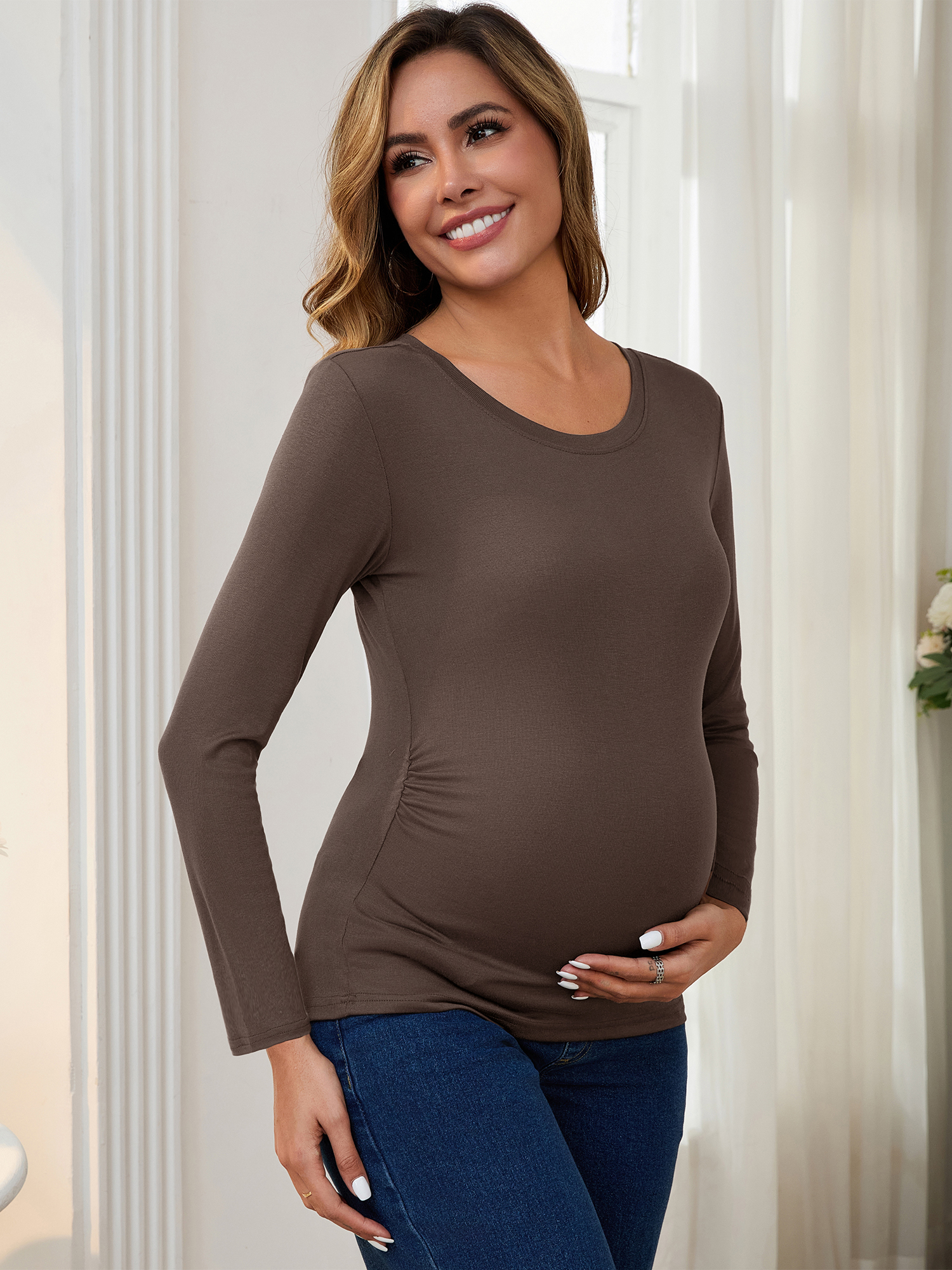 DARING DIVA Women's Ruched Long Sleeve Maternity Blouses XL Coffee