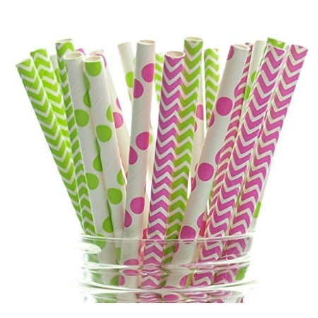 - Watermelon Straws Summer Hot Pink & Green Party Supplies - 25 Pack - Garden Wedding Supplies Vintage Assorted Color Polka Dot & Chevron Striped Fruit Watermelon Birthday Straws