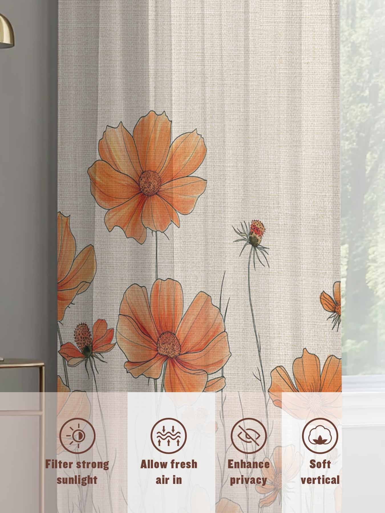 Orange Floral Sheer Curtains 84 inches Long 2 Panels Set Minimalism Watercolor Chrysanthemum Linen Tiers Sheers Rod Pocket Small Window Short Curtains for Kitchen Cafe, Each 52" W x 84" L