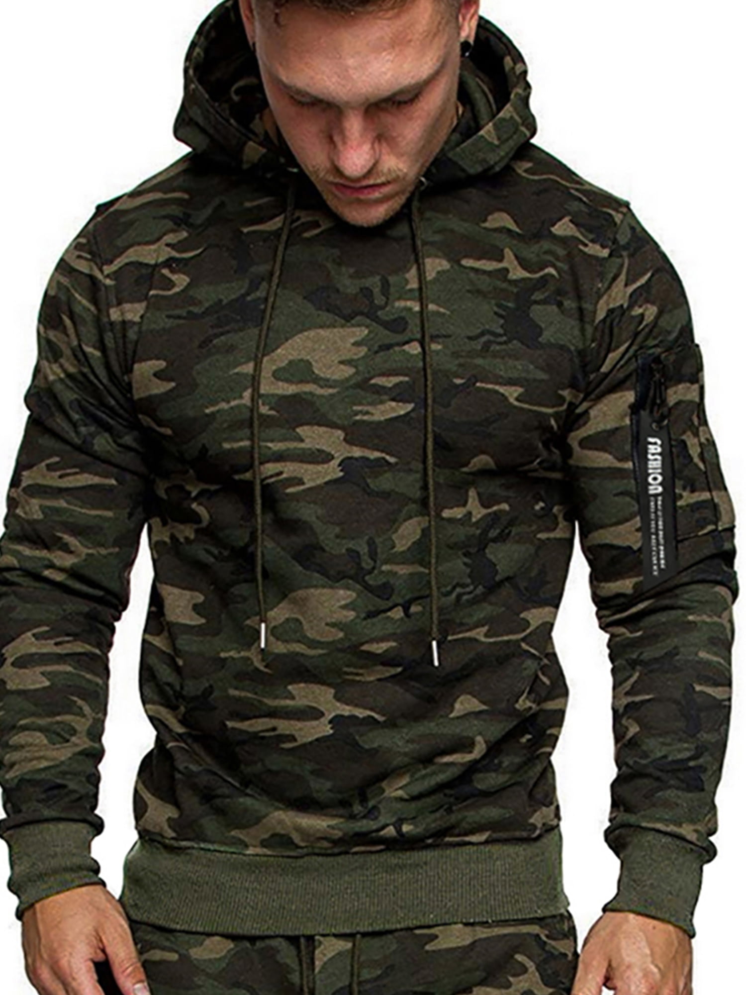 Mens Hoodies Zipper Slim Casual Long Sleeve Camo Patchwork Hooded Pullover Camo Hooded Sweatshirts in Sizes M-3XL