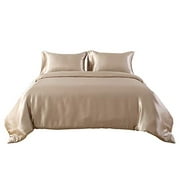 HOTNIU Full Satin Silk Duvet Cover Set with Zipper Closure - Quality Ultra Soft Premium 3 Piece Bedding Collection Sets - 100% Microfiber Comforter Protector with SHAM (Queen-Golden)