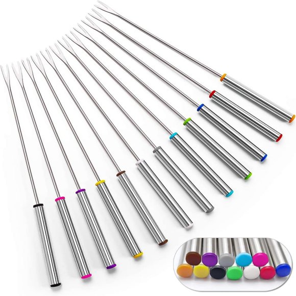 LOVEVER 12 Pcs Stainless Steel Fondue Fork 9.5” Colored Cheese Fondue Fork Smoking Stick with Heat Resistant Handle for Chocolate Cheese Toasted Marshmallows