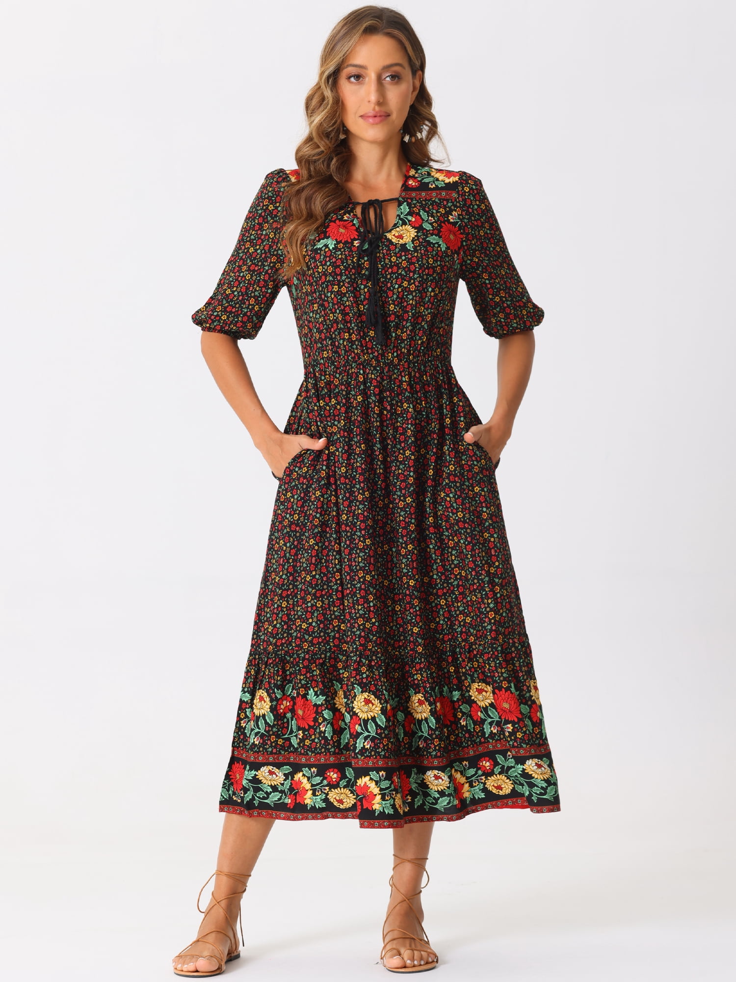 DARING DIVA Boho Midi Drawstring V Neck Dress M Black