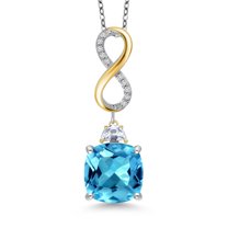 925 Silver and 10K Yellow Gold Swiss Blue Topaz and Moissanite and Lab Grown Diamond Pendant Necklace for Women | 8.53 Cttw | Gemstone November Birthstone | Cushion 12MM | With 18 inch Chain
