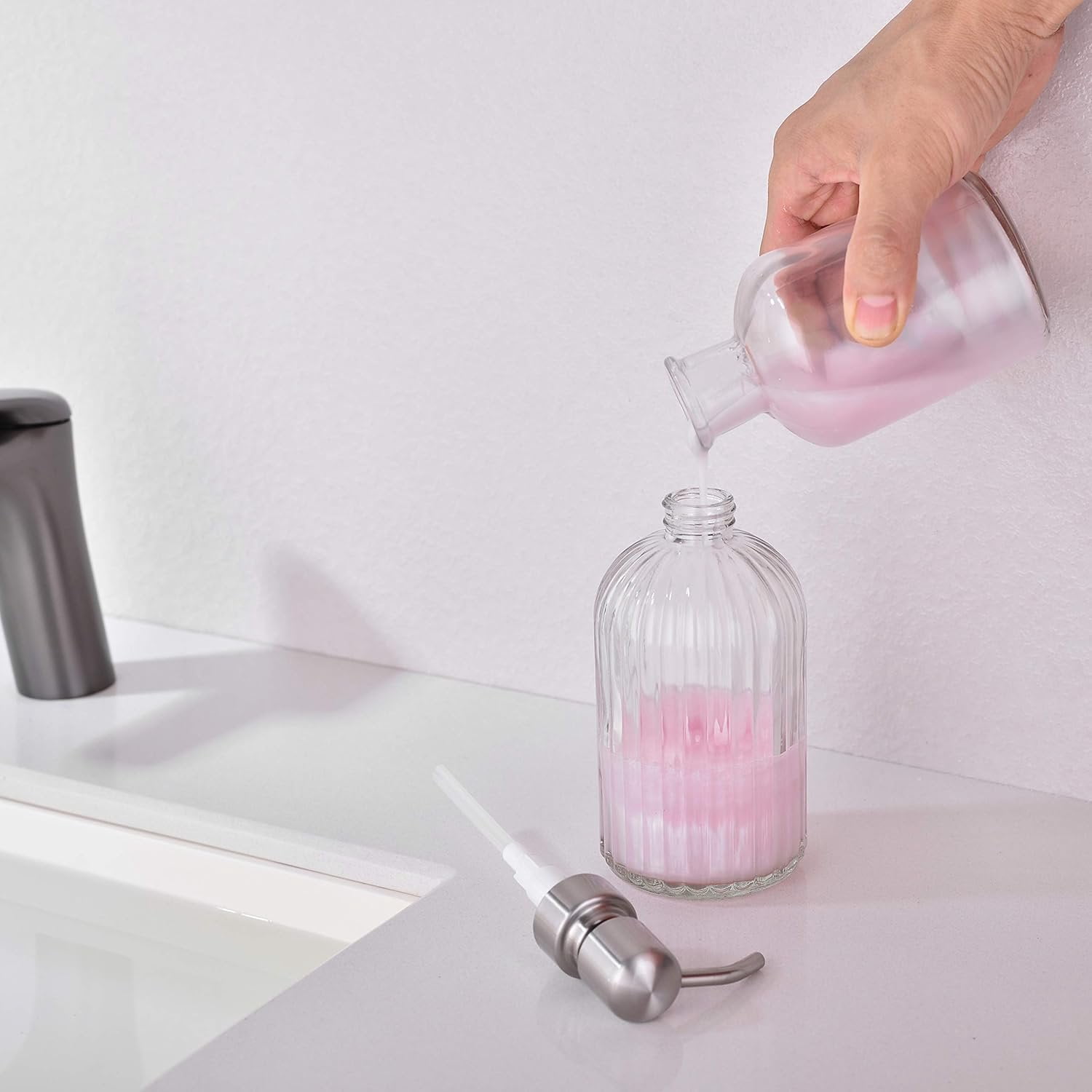 Glass Soap Dispensers for Kitchen and Bathroom, 16oz Heavey Glass Bottle, Stainless Steel Brushed Nickel Pump,Clear Farmhouse Bathroom Soap Dispenser,2 Packs