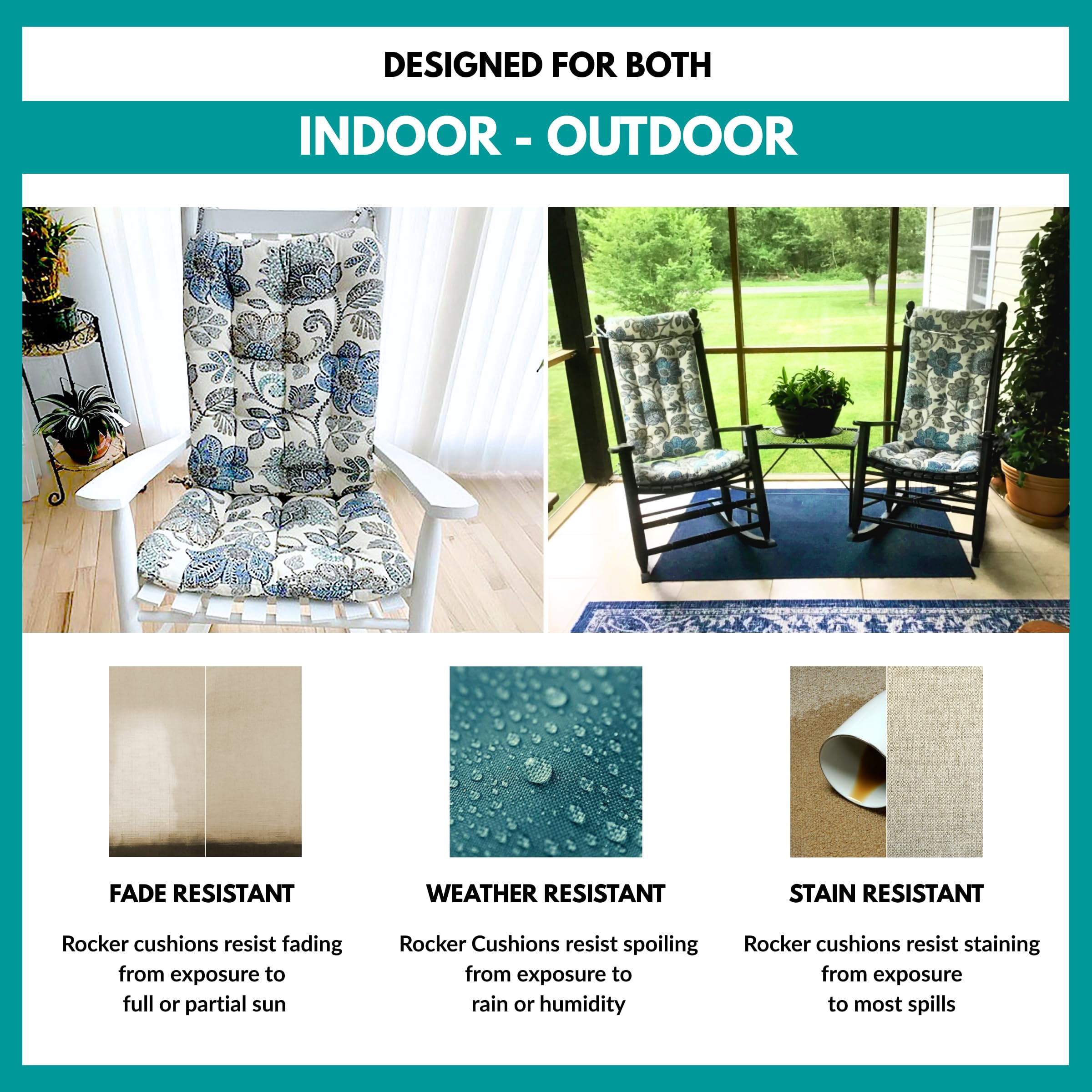 Barnett Home Decor Outdoor Rocking Chair Cushions – Boutique Blue Floral, Extra-Large Set Seat 19x19 & Back 18x23, Fade & Weather Resistant Porch Rocker Cushions