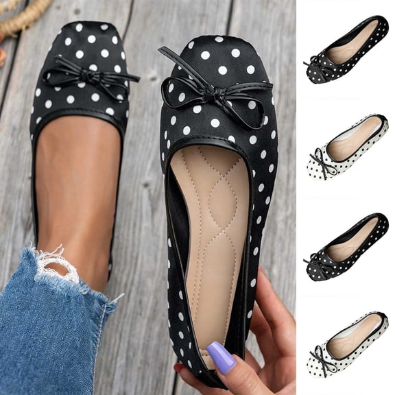 RoamHome Women's Vintage Square Toe Polka Dot Bow Ballet Flats Breathable Slip-On Comfortable Loafers for Daily Casual Work