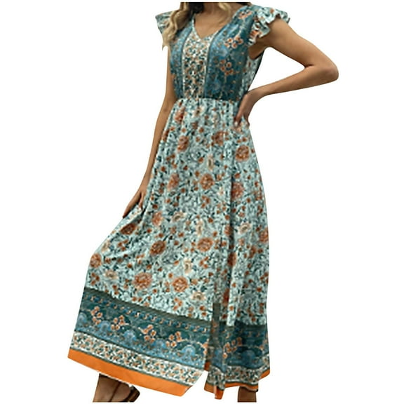 Nrmvnmi Women's Summer Maxi Dress Casual Boho Floral V Neck Ruffled Cap Short Sleeve High Split Beach Long Dresses Green LMothers Day Gifts