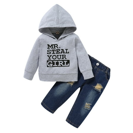 

KIMI BEAR Newborn Boys Outfits 6 Months Newborn Boy Autumn Outfits 9 Months Newborn Boy Casual Letter Print Hooded Long Sleeve Hoodie + Denim Pants 2PCs Set Gray