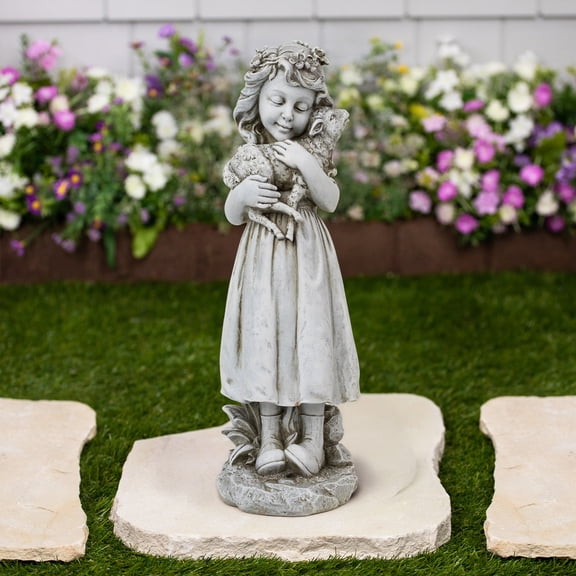 Roman Young Girl Holding a Lamb Outdoor Garden Statue - 16"