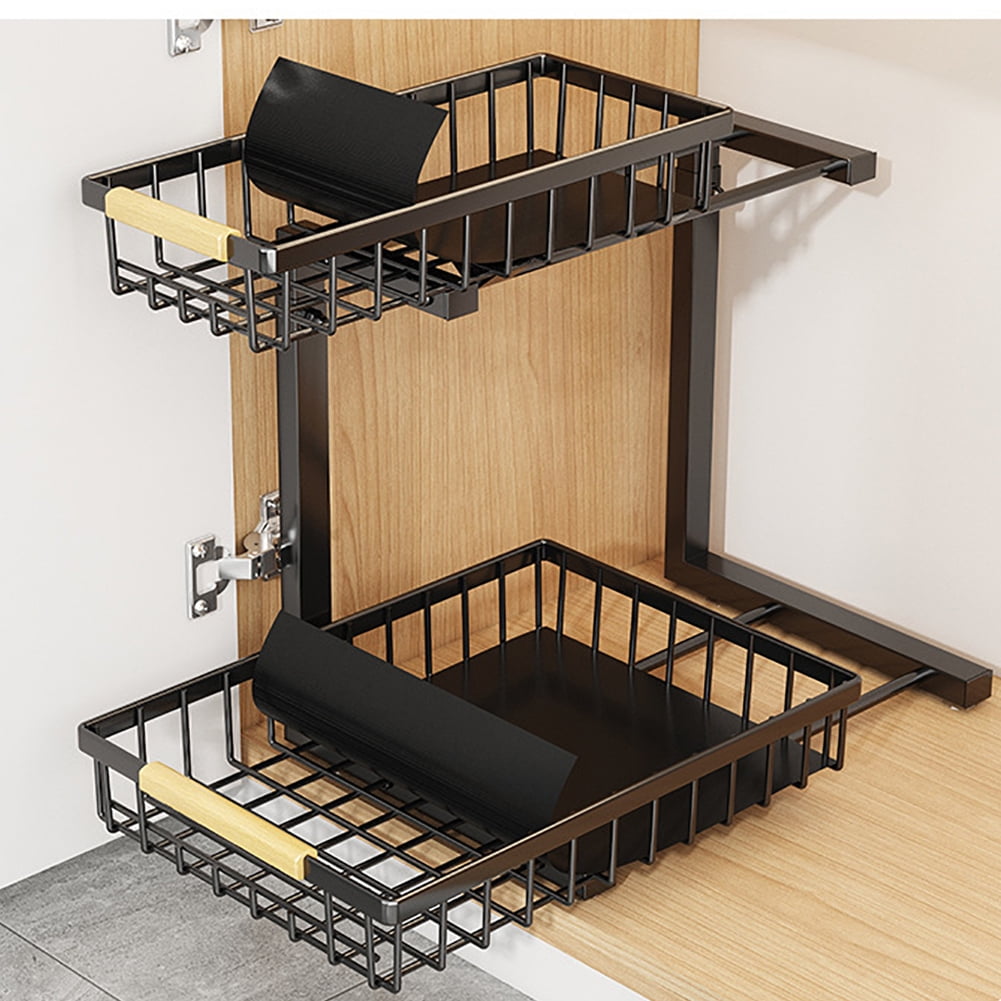 Under Sink Organizer Adjustable Height 2 Tier Pull Out Under Cabinet Organizer Thickened Metal Shelf Slide Out Under Sink Storage for Kitchen Bathroom Cabinet Laundry
